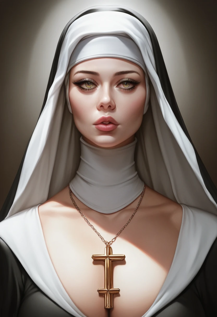 (Masterpiece, Young Nun), (High Quality, Spiritual Figure), (Female Character, Religious Icon), (Detailed Attire, Habit), (Nun's Veil, Covered Head), (Bare Neckline, Modest Plunge), (Natural Complexion, Radiant Skin), (Soft Lighting, Holy Sanctuary), (Realistic Texture, Fabric Wrinkles), (Deep Focus, Close-up Portrait), (Young Face, Innocent Expression), (Hands, Holding Rosary Beads), (Gazing into the Distance, Contemplating), (Serene Environment, Monastery), fully clothed, covered breasts, covered areola, covered nipples