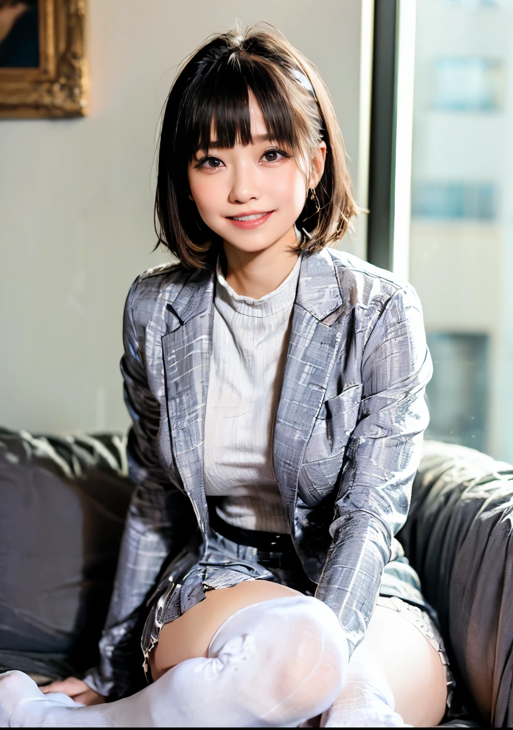 ((  One Businesswoman :1.6))、((  grey jacket 、 white blouse 、grey narrow skirt:1.5))、((    knee-high socks  :1.5))、((stand))、(8k、    RAW Photos、    best quality、masterpiece:1.2)、(Realistic、Realistic)、((Bright smile:1.5))、((   Thin legs))、((whole body:1.5))、    Front View、    stare at the camera、((cute  :1.7))、(( perfect anatomy:1.5))、break, (masterpiece,     best quality,     super detailed:1.4), Realistic,     super detailedな目, masterpiece,     best quality、   Office Details       、      It's a delicate illustration         、     8kCG wallpaper      、       absurd、      true face        、   とてもcute顔 、    黒 hair     、      I'm staring at the viewer with charming eyes     、((   A lot of people are enjoying it  ))