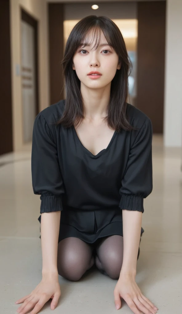 masutepiece, Best Quality, Photorealsitic, finely detail, hight resolution,beautiful japanese woman,beautiful detailed eyes, beautiful detailed lips, extremely detailed face, small head, small areola, cinematic lighting, photorealistic, 8k, high quality, hyper detailed, (looking at viewer:1.3),smile,(dress shirt),(pencil skirt),(short hair:1.2),(random location),(medium breasts:1.2),(inoueseika),slender,beautifull legs,(cleavage:1.3),(sexy posing),mini skirt, (bokeh:1.3) (black pantyhose:1.2),(office lady:1.4),(all fours:1.3)