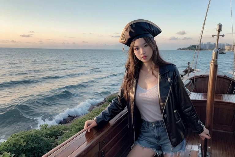 The girl holds on to a huge anchor from the ship, looks at the camera