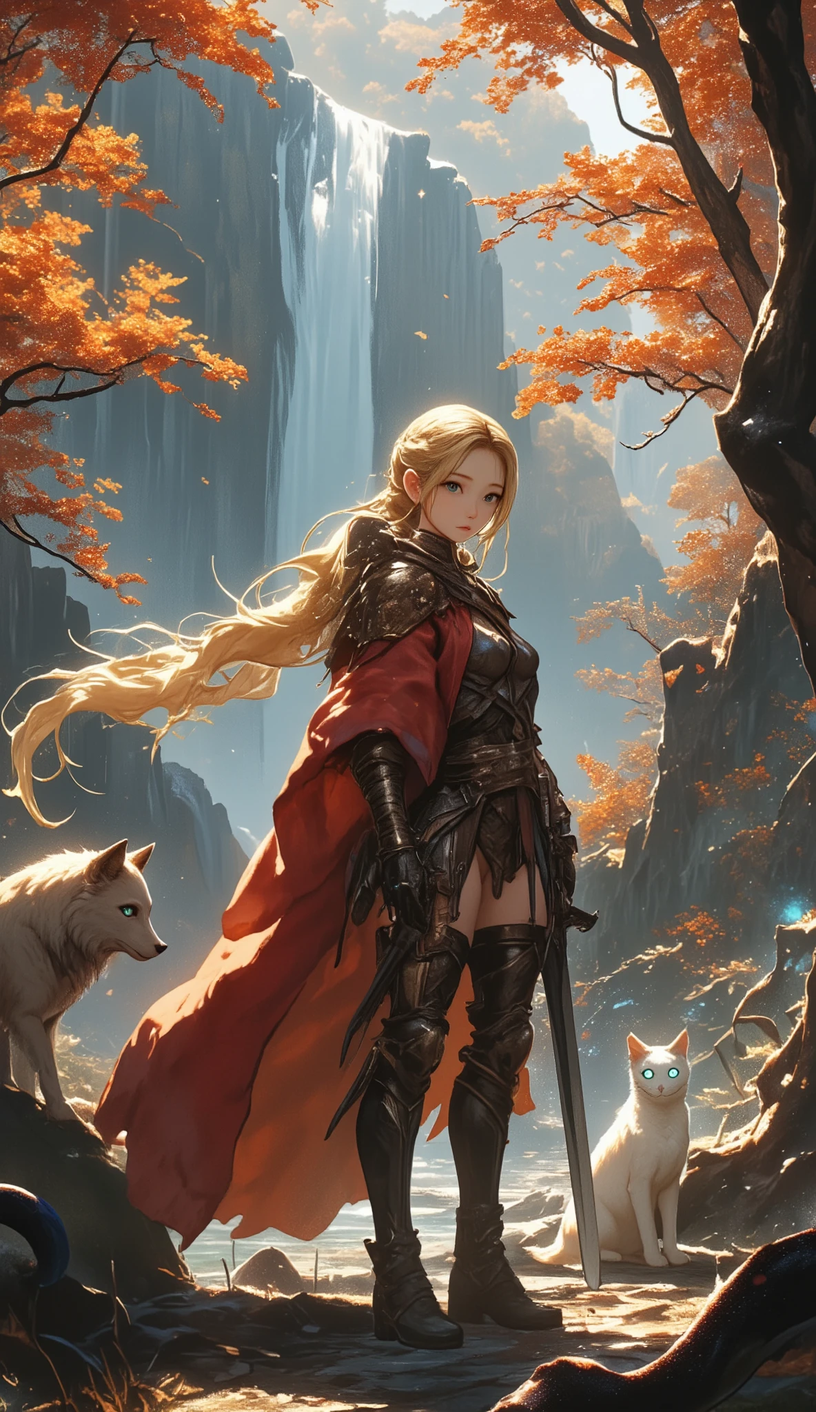   Fantasy Art  , RPG Art, Dark   Fantasy Art  ,   Ultra Wide Shot  , Born, Photographically, 女性の人間Rangerとその (white: 1.4)  Wolf Pet , Ranger,   Very Beautiful Human Woman  ,    long blond hair    ,    hair with braids, Green Eyes, wear leather armor, wear (red cloak: 1.1), Armed (sword: 1.3), wear laced boots,   Female Human Ranger and Her {x} Standing in the Amazing Fall Forest,   Fantasy Forest   (  intricate detail dealing with 3 tentacles, masterpiece,   best quality: 1.5), (In the fall: 1.5),  orange, red,  Tan Leaf  , tree々A lot, Water flow (  intricate detail dealing with 3 tentacles, masterpiece,   best quality: 1.5), waterfall (  intricate detail dealing with 3 tentacles, masterpiece,   best quality: 1.5), an epic white cat stands near her, Sparkling blue eyes, At the waist,   Fantasy Forest  ,   best quality, 16k, [  super detailed], masterpiece,   best quality, (  super detailed), whole body,   Ultra Wide Shot  , Raider  
