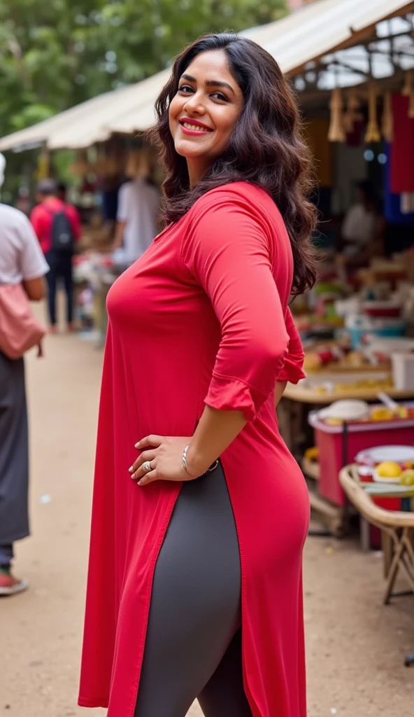 Beautiful indian plus size chubby women in kurti legging churidar tight in a market hot flying kurti, Gray legging, red side slit open kurti,big breast,big ass, huge ass,beautiful face, celebrity face,full body image,side view,cinematic:1.3), intricate details, (ArtStation:1.2)