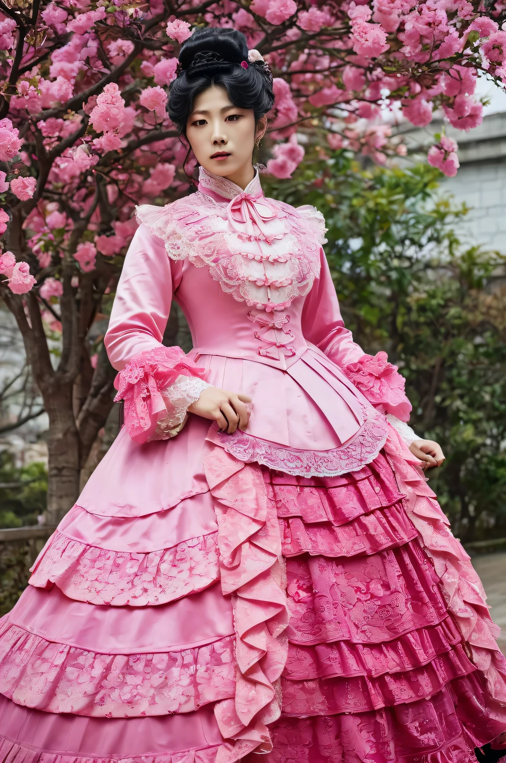 A Korean man in ladies victorian dress, he is crossdresser, He has big breasts like a woman, slender female body, His hairstyle is short and manly, pink and red, long sleeves, Rich lace and frills, rococo dress, silk, full body shot