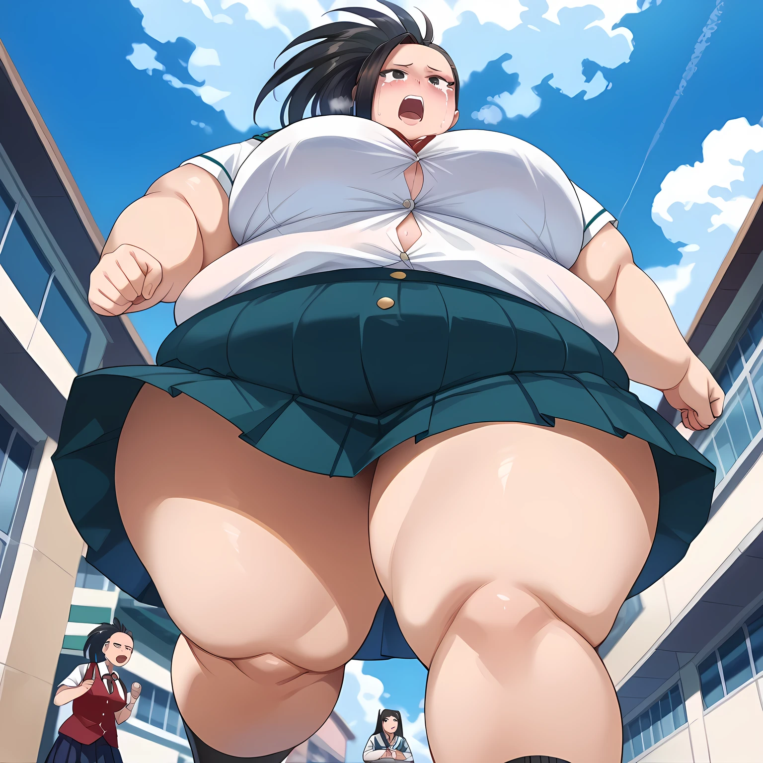 fat body, tall, yaoyorozumomo, black eyes, black hair, ponytail, long hair, hair pulled back, school uniform, fat body, t big . , desireable, tempting, lust, fat, chubby, obese, gigantic arms and legs ,open mouth, blush, out of breath, trying to wear outgrown skirt, crying, shouting, from below, popped buttons, ripped cloth, running, from below