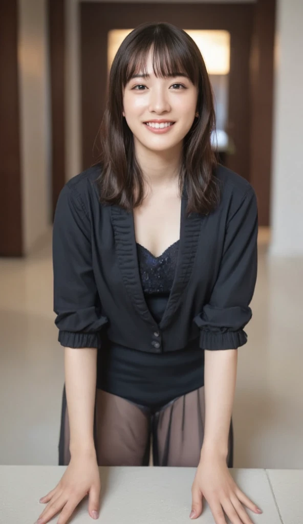 masutepiece, Best Quality, Photorealsitic, finely detail, hight resolution,beautiful japanese woman,beautiful detailed eyes, beautiful detailed lips, extremely detailed face, small head, small areola, cinematic lighting, photorealistic, 8k, high quality, hyper detailed, (looking at viewer:1.3),smile,(dress shirt),(pencil skirt),(short hair:1.2),(random location),(medium breasts:1.2),(inoueseika),slender,beautifull legs,(cleavage:1.3),(sexy posing),mini skirt, (bokeh:1.3) (black pantyhose:1.2),(office lady:1.4),(all fours:1.3)