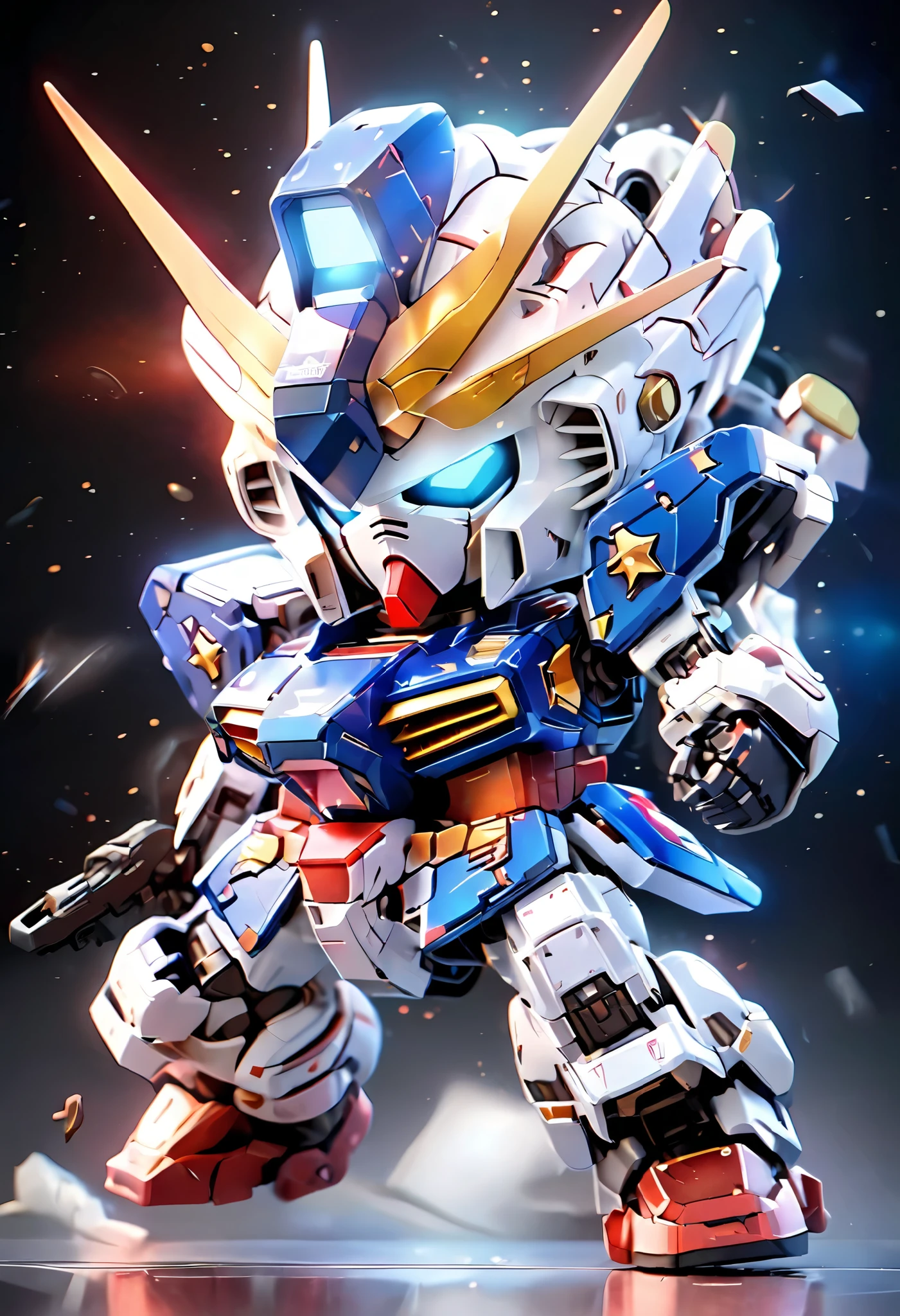 ((masterpiece)), accurate, textured skin, ((super detail)), high quality, high details, highres, best quality, chibi, Gundam, robots, deformed characters, space, star wars, Metallic blue armor