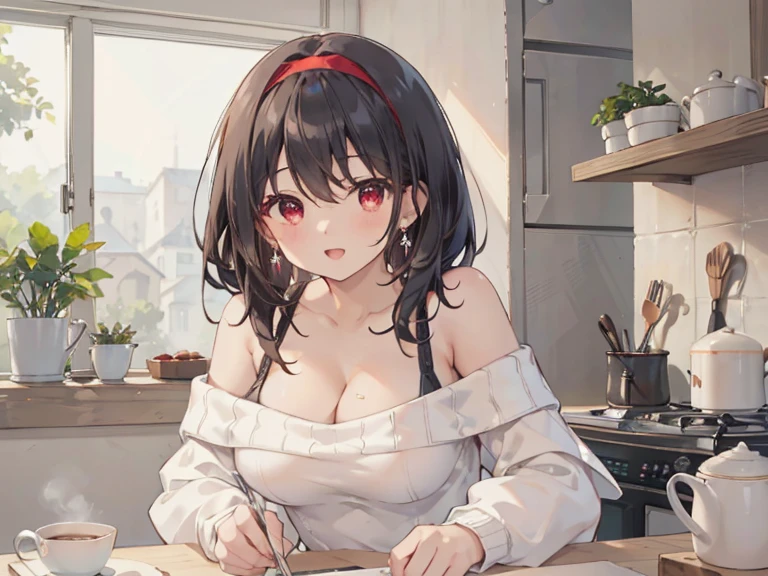  masterpiece, 1girl, Amazing Cleavage:1.3, thin waist, big ass, Raised sexy, medium breast:1.3,posed cleavage:1.2,solo, looking at viewer, open mouth, have a cup of coffee,black hair, red eyes, dress, bare shoulders, jewelry, collarbone, sidelocks, hairband, earrings, indoors, off shoulder, :o, sweater, arms behind back, plant, short hair with long locks, white hairband, off-shoulder dress, sweater dress, off-shoulder sweater, red sweater, big side hair, very long side hair,is rendered in (masterpiece: 1.2, best quality), with (ultra high resolution) and an exquisite (depth of field). This masterpiece is not only visually stunning but also tells, make of cooking some cakes ,in the kitchen,smile,seductive weak smiling,(with sparkling eyes and a contagious smile),open mouth, Looking at Viewer, 