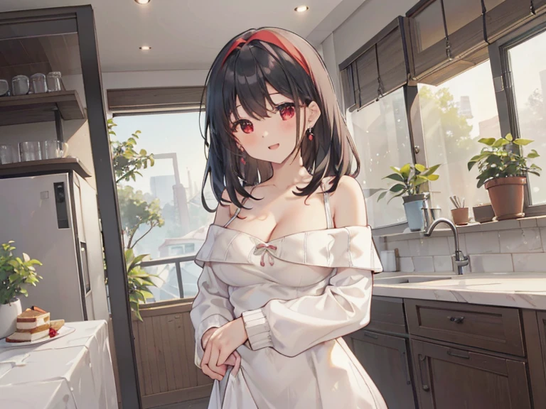  masterpiece, 1girl, Amazing Cleavage:1.3, thin waist, big ass, Raised sexy, medium breast:1.3,posed cleavage:1.2,solo, looking at viewer, open mouth, have a cup of coffee,black hair, red eyes, dress, bare shoulders, jewelry, collarbone, sidelocks, hairband, earrings, indoors, off shoulder, :o, sweater, arms behind back, plant, short hair with long locks, white hairband, off-shoulder dress, sweater dress, off-shoulder sweater, red sweater, big side hair, very long side hair,is rendered in (masterpiece: 1.2, best quality), with (ultra high resolution) and an exquisite (depth of field). This masterpiece is not only visually stunning but also tells, make of cooking some cakes ,in the kitchen,smile,seductive weak smiling,(with sparkling eyes and a contagious smile),open mouth, Looking at Viewer, 