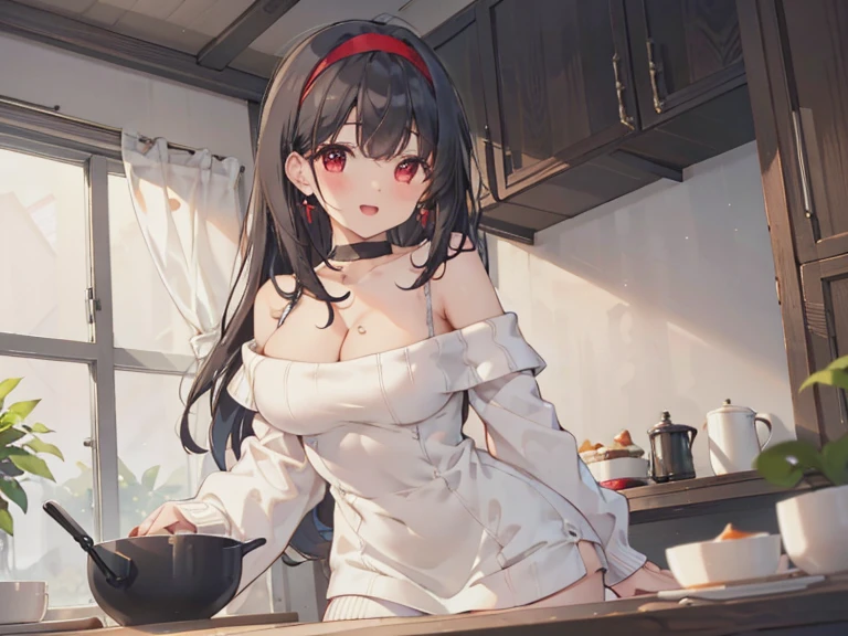  masterpiece, 1girl, Amazing Cleavage:1.3, thin waist, big ass, Raised sexy, medium breast:1.3,posed cleavage:1.2,solo, looking at viewer, open mouth, have a cup of coffee,black hair, red eyes, dress, bare shoulders, jewelry, collarbone, sidelocks, hairband, earrings, indoors, off shoulder, :o, sweater, arms behind back, plant, short hair with long locks, white hairband, off-shoulder dress, sweater dress, off-shoulder sweater, red sweater, big side hair, very long side hair,is rendered in (masterpiece: 1.2, best quality), with (ultra high resolution) and an exquisite (depth of field). This masterpiece is not only visually stunning but also tells, make of cooking some cakes ,in the kitchen,smile,seductive weak smiling,(with sparkling eyes and a contagious smile),open mouth, Looking at Viewer, 