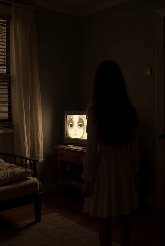 “A room at night, completely darkened, where only the light from the TV creates ominous shadows. The grainy sepia rendering gives the film a retro feel. Creepypasta is a scary entity in the form of a girl with scary eyes, reminiscent of the style of Elson Peter and Diego Dyer. Focus in one full-length frame, 32K Hyper HD, ultra-detailed,masterpiece. The lonely female essence, imbued with a cypherpunk aesthetic, evokes a feeling of anxiety and inevitability. "32K Hyper HD, masterpiece, best quality, ultra-detailed, creepy environment, creepypasta, atmospheric horror, Elson Peter style, Diego Dyer, cypherpunk aesthetics.