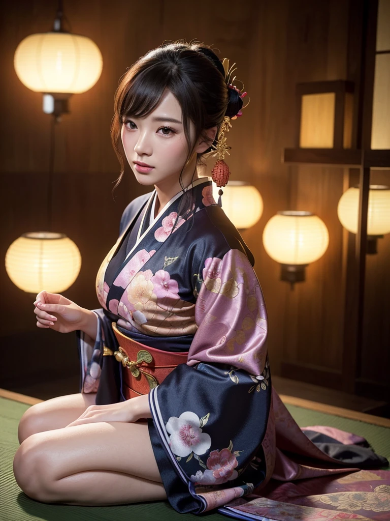 ((Highest quality、Tabletop、8K、Best image quality、Hyperrealism、SFW、1 photo))、1 female、(The most gorgeous and luxurious oiran furisode:1.2)、Cleavage、Old house room、Old house in Japan、Look at me、(Stir:1.3)、Photo from the waist up、Perfect Anatomy、Hair Bun、Bright lighting、Black Hair、lipstick、Perfect Makeup、Long eyelashes、Color Contact Lenses