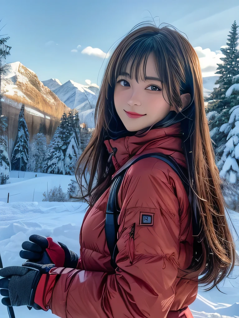 1girl, Beautiful, Amazing face and eyes, makeup, extremely detailed beautiful face, sexy look, (Beautiful breasts:1.2), (Best Quality:1.4), (Ultra-detailed), Highly detailed, RAW Photos, sexy smile, ski resort, snowing, dressed in ski gear, ski jacket, snow cap