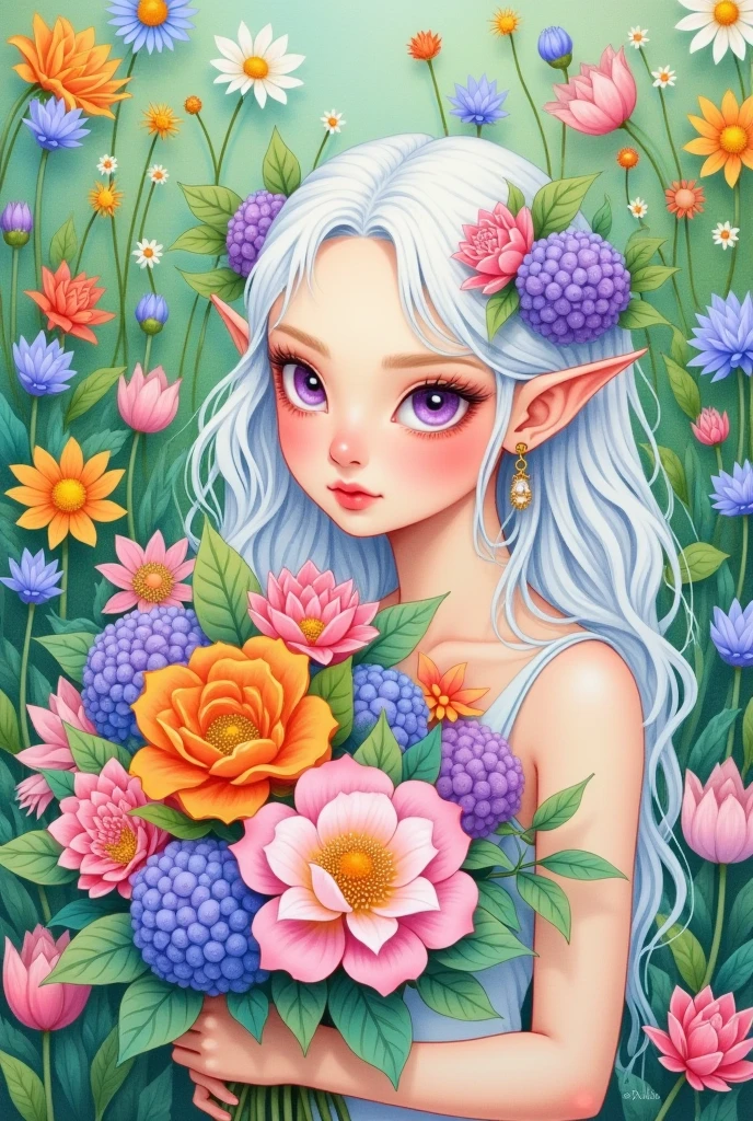 1girl,acrylic paint \(medium\),animal,art nouveau,artist name,blue flower,bouquet,bunny,camellia,closed eyes,clover,daisy,dandelion,earrings,eyelashes,field,flower,flower field,green background,green flower,holding,holding bouquet,holding flower,hydrangea,jewelry,leaf,lily \(flower\),lily of the valley,lily pad,long hair,lotus,marker \(medium\),orange flower,painting \(medium\),petals,pink flower,pink rose,pointy ears,purple eyes,purple flower,purple rose,ribbon,rose,solo,traditional media,tulip,upper body,watercolor \(medium\),white flower,white hair,white rose,yellow flower