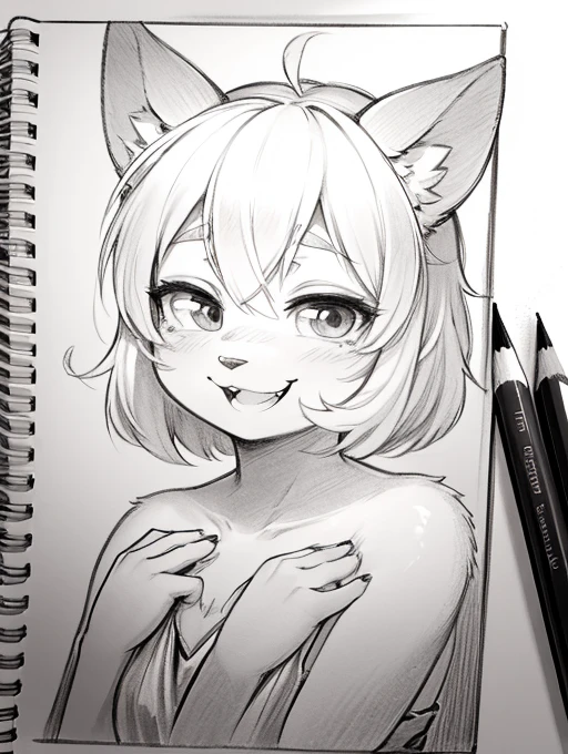 High quality, monocrhome, grayscale, 1girl, ((((Candy Candy anime style)))), (wolf girl, wolf ears, wolf tail), animal ears, animal tail, ((((short hair)))), ((silver white hair)), hair clip, ((hair tap eye)), long eyeslashes, eyeliner, (((small breasts, nude, small snipples, pussy))), ((timid pose)), ((worried, sad expression, mellancholic look)), portrait, close-up, (white background), closed_mouth, blush, eyelashes, detailed shadows, detailed body, detailed eyes, detailed lines, (((manga coloring, manga cover, 4K, character design))).