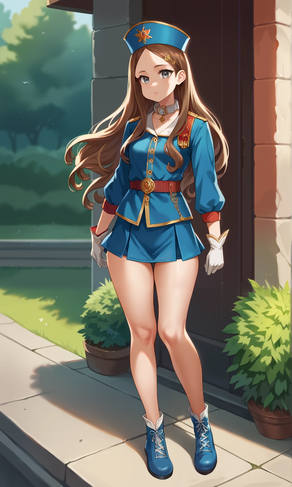 score_9, score_8_up, score_7_up, masterpiece, high res, detailed face, detailed eyes, (source_anime), 1 girl, solo, tall, slender, brown hair. forehead, grey eyes, long hair, blue outfit, short skirt, musketeer hat, red plume, white collar, bare legs, gloves, outdoors, full body, cowboyshot