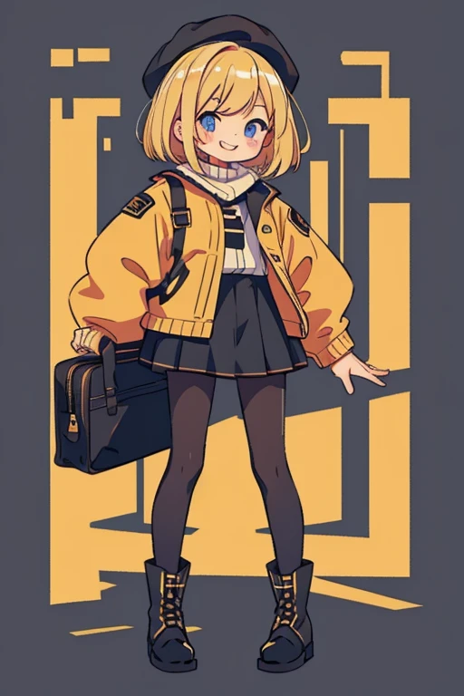 impressive blonde woman 、Bob Hair、 black pantyhose 、 comments、 black miniskirt 、smile、boots and accessories、Keep one's knees、 blue eyes, Droopy eyes, eyes sparkle, Bright Eyes