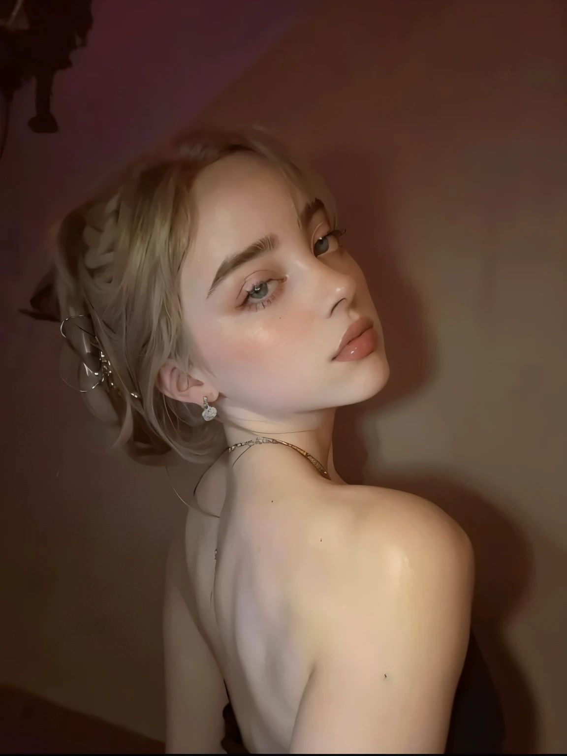 there is a woman with a very short hair and a dress, pale glowing skin, sydney sweeney, soft light from the side, lovely delicate face, rosy cheeks with freckles, with pale skin, soft lighting from above, soft flawless pale skin, 18 years old, soft freckles, light cute freckles, perfectly lit face, 🤤 girl portrait, with freckles, glowy