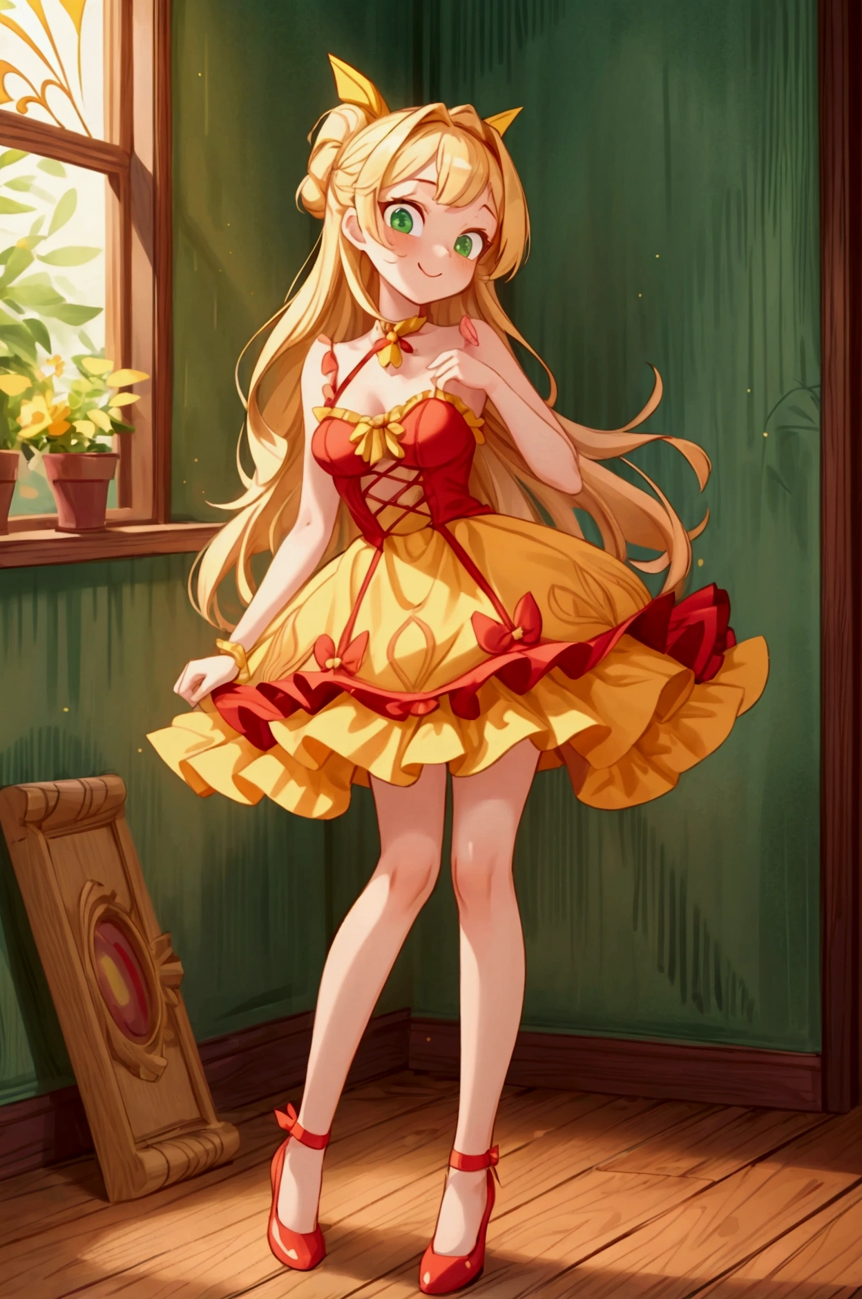 (Masterpiece, best quality) 1 girl, standing indoors with intricate details and sunlight, red and yellow frilled dress with short neckline, red shoes, blonde long hair, green eyes, sexy smile, sexy pose, coquette, beautiful long legs, mature teen girl, gorgeous body, pronounced breasts.