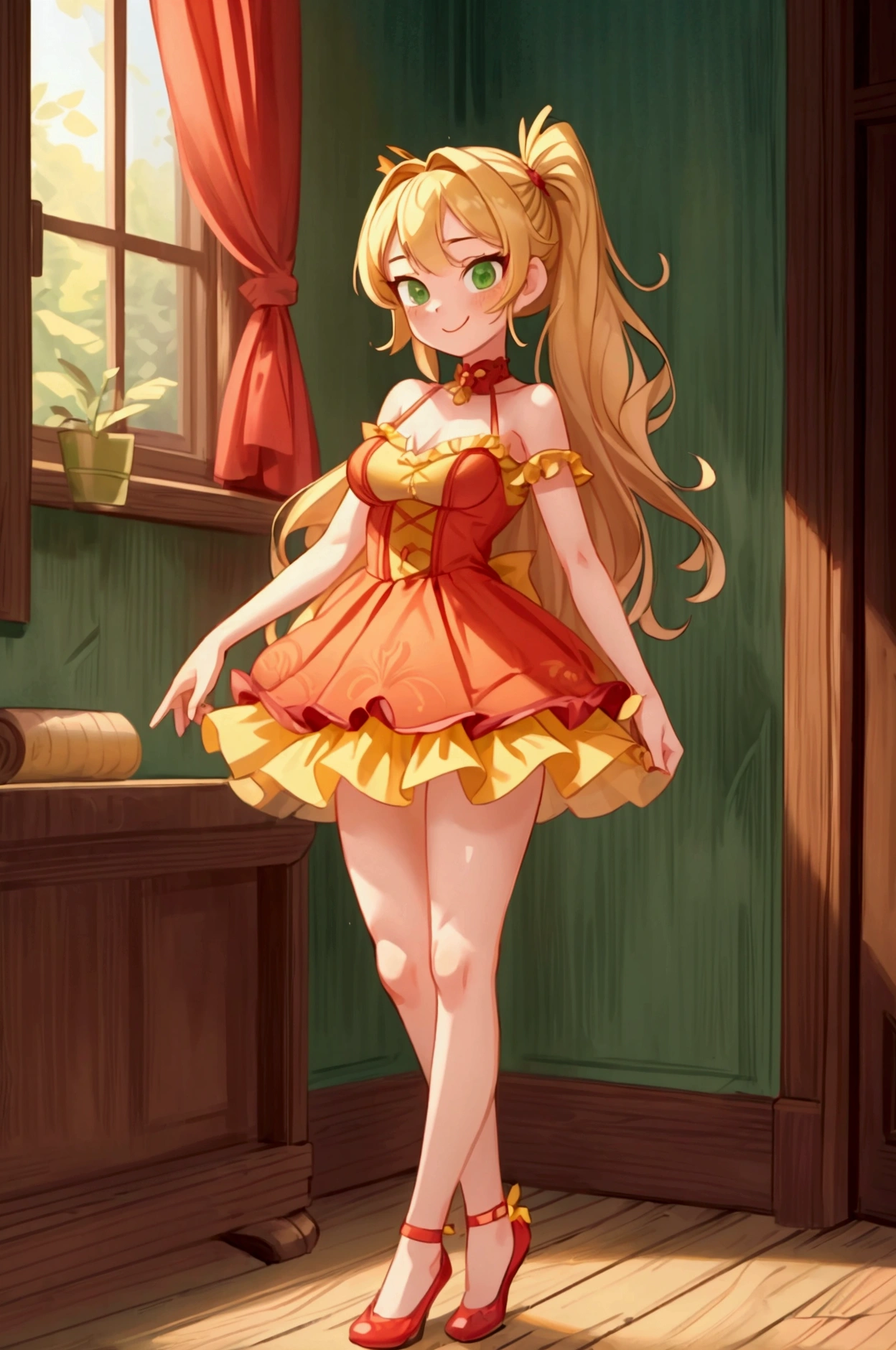 (Masterpiece, best quality) 1 girl, standing indoors with intricate details and sunlight, red and yellow frilled dress with short neckline, red shoes, blonde long hair, green eyes, sexy smile, sexy pose, coquette, beautiful long legs, mature  girl, gorgeous body, pronounced breasts.