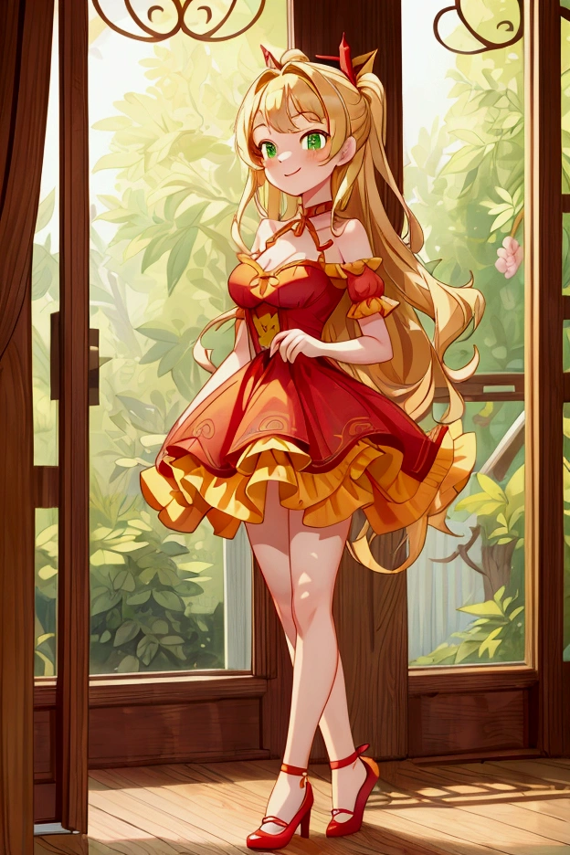 (Masterpiece, best quality) 1 girl, standing indoors with intricate details and sunlight, red and yellow frilled dress with short neckline, red shoes, blonde long hair, green eyes, sexy smile, sexy pose, coquette, beautiful long legs, mature teen girl, gorgeous body, pronounced breasts.