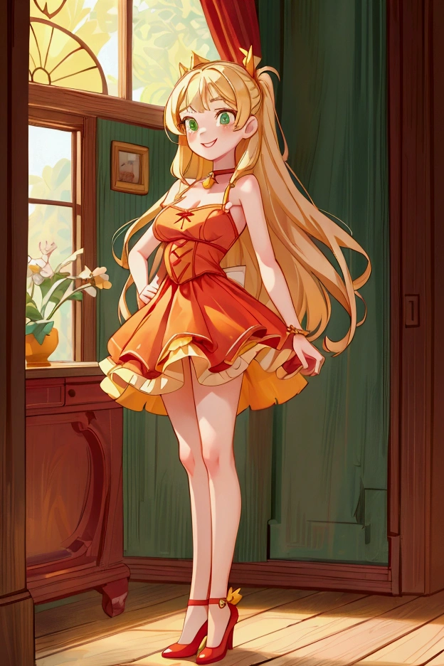 (Masterpiece, best quality) 1 girl, standing indoors with intricate details and sunlight, red and yellow frilled dress with short neckline, red shoes, blonde long hair, green eyes, sexy smile, sexy pose, coquette, beautiful long legs, mature  girl, gorgeous body, pronounced breasts.