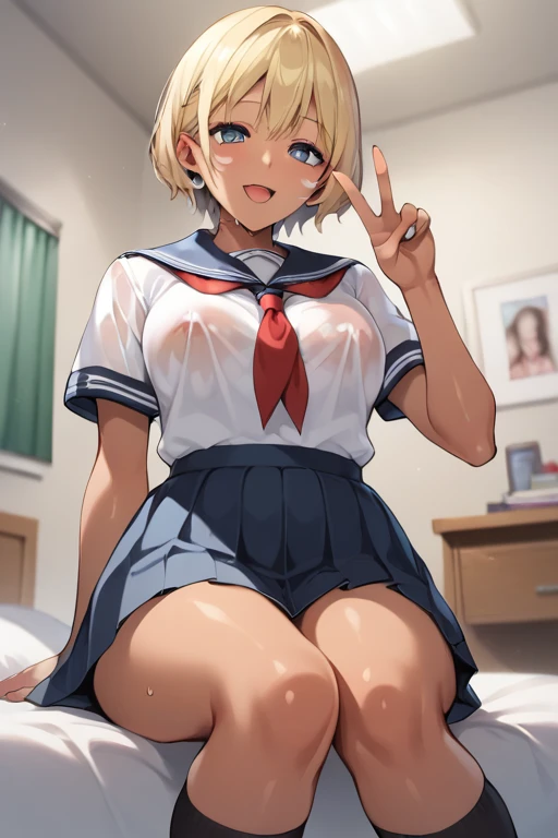   score_9,   score_8_up,   score_7_up, sauce_Anime BREAK， High image quality，Tanned Gal，blonde， My bust is flat ，  cowgirl position， Lower Your Hair ，  detailed background，bedroom， The lower abdomen bulges from the inside out and is surreal，   straight hair ， cute face， viewer， sweated，  school uniform，  pleated skirt，Raise your knees，from below ,    peace sign，mischief，tattoo， sweated，， wet skin ，