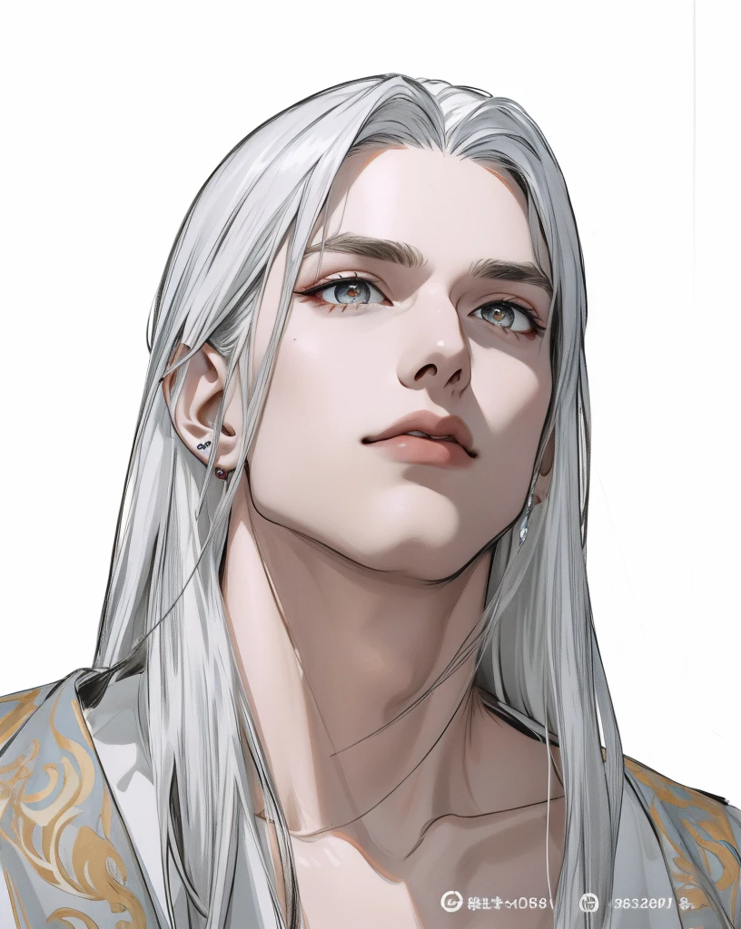  full HD, 4K, ultra detailed face, 1 persons, AS-Adult, goodlooking, handsome, Hairless face，large tall，(dynamic head pose), Muscular dudes, a broad shouldered, finely detailed  eyes and detailed face, ( white long hair, white eyes ), elf ears, ear piercing, hair decorations, smoky eyes makeup, haughty look, looks down from above