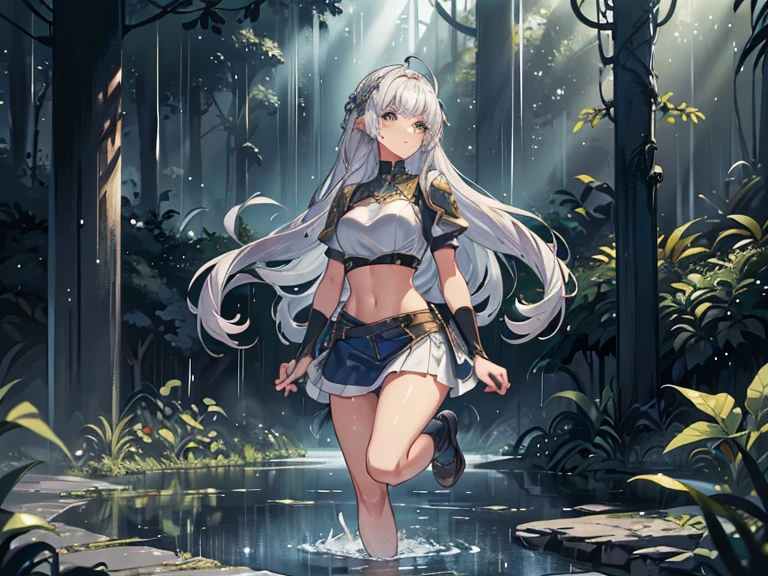 1girl, E7 Belian, blue sky, bracelet, bush, cloud, coral, day, fish, forest, grass, jewelry, lake, mountain, nature, outdoors, overgrown, palm tree, plant, river, rock, scenery, silver hair, sky, solo, tree, vines, watch, water, waterfall,