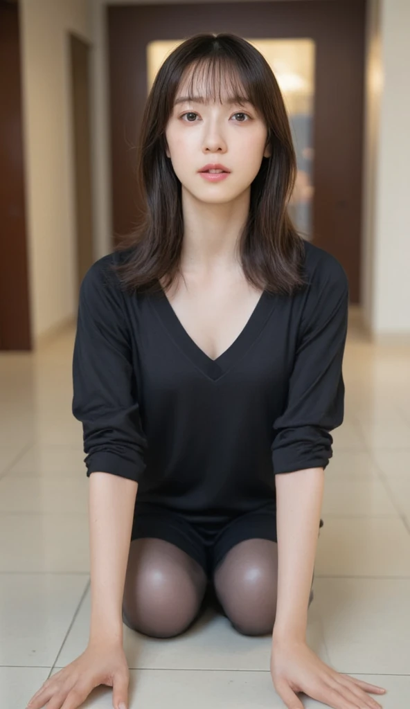 masutepiece, Best Quality, Photorealsitic, finely detail, hight resolution,beautiful japanese woman,beautiful detailed eyes, beautiful detailed lips, extremely detailed face, small head, small areola, cinematic lighting, photorealistic, 8k, high quality, hyper detailed, (looking at viewer:1.3),smile,(dress shirt),(pencil skirt),(short hair:1.2),(random location),(medium breasts:1.2),(inoueseika),slender,beautifull legs,(cleavage:1.3),(sexy posing),mini skirt, (bokeh:1.3) (black pantyhose:1.2),(office lady:1.4),(all fours:1.3)