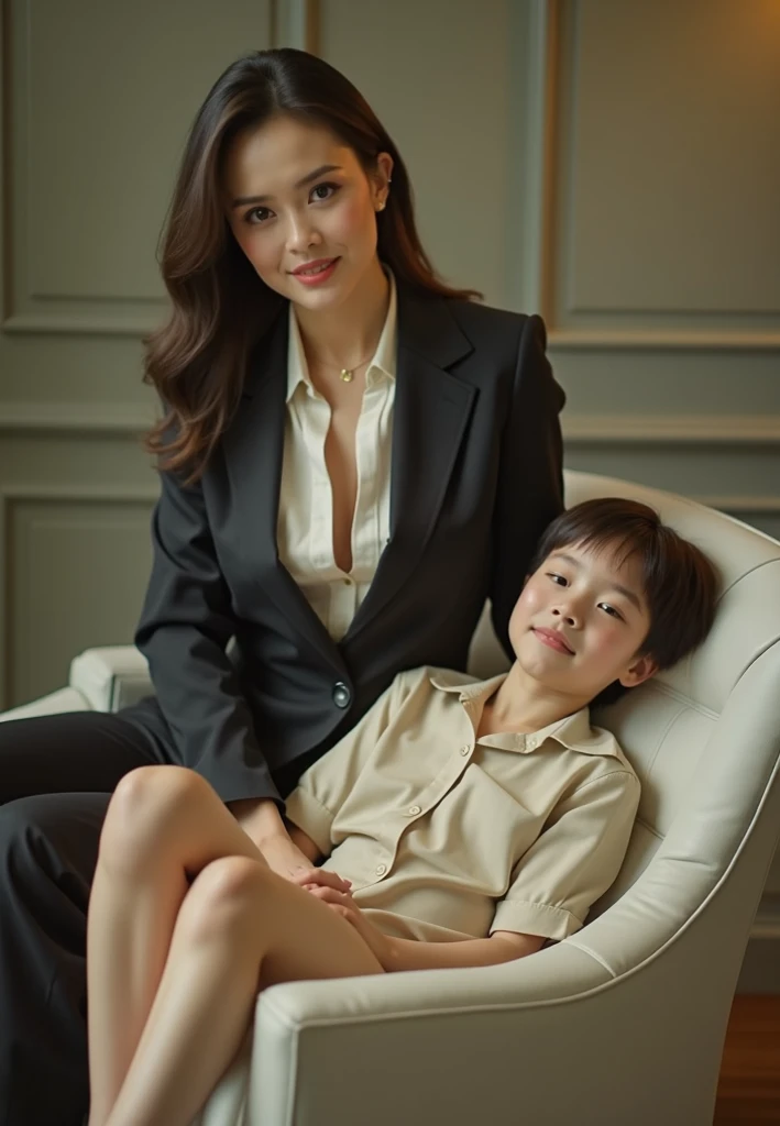 A 3 Chinese mother in a white suit and pink pantyhose, sitting on a sofa. She is accompanied by her son, who is dressed in a white sports lace uniform with gray pantyhose, and her daughter, wearing white pantyhose and a shirt