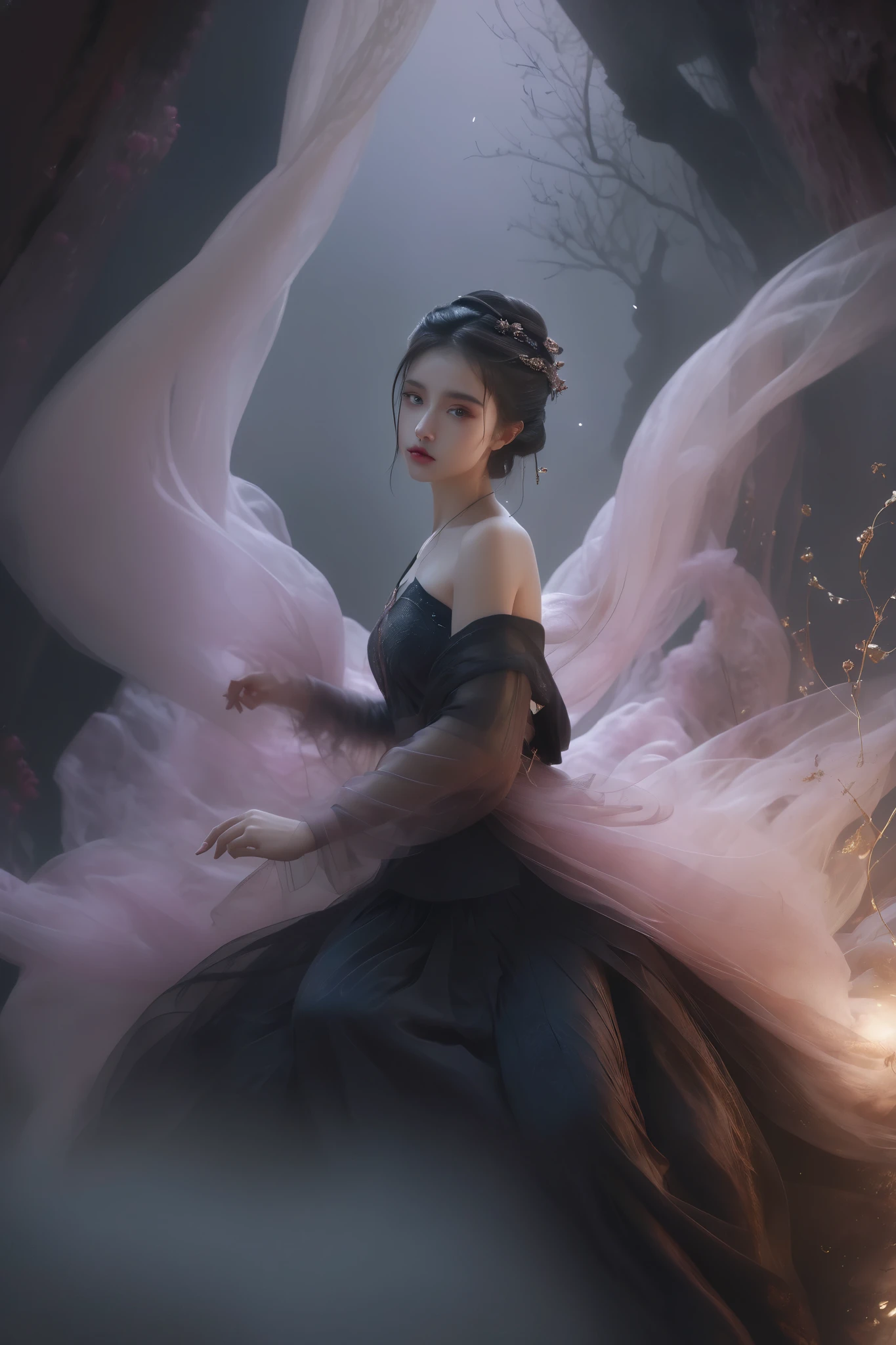 Ultra HD, 8K, Extremely detailed, Photos of Dark Fantasy Art, Girl in tulle skirt,making eye contact, dark, Moody, dark fantasy style, Beautiful Lights, great composition