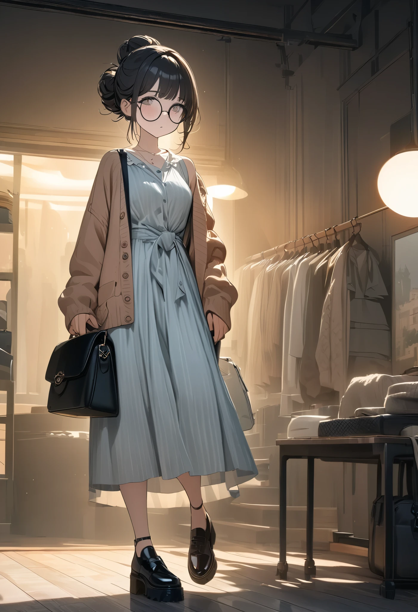 masterpiece, best quality, 8k, highres, ultra-detailed,  HDR, UHD, studio lighting, extreme detail description, professional,dark gothic,minimalist illustration, pastel tones, cozy cardigan, floral dress, round glasses, shoulder bag, tied hair bun, casual outfit, delicate details, soft lines, neutral background, comfortable footwear, feminine fashion, simplistic style, modern illustration, warm tones

