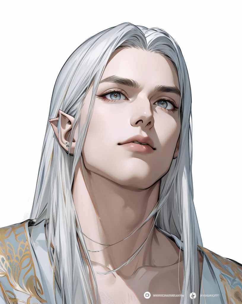  full HD, 4K, ultra detailed face, 1 persons, AS-Adult, goodlooking, handsome, Hairless face，large tall，(dynamic head pose), Muscular dudes, a broad shouldered, finely detailed  eyes and detailed face, ( white long hair, white eyes ), elf ears, ear piercing, hair decorations, smoky eyes makeup, haughty look, looks down from above