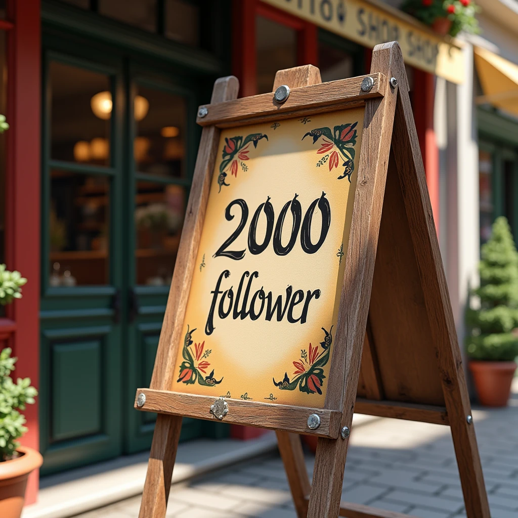 The inscription is written 2000 Follower Painted Beautiful On a Sign for a Beautiful Shop Close-up The inscription Is clearly visible, realism, 8 k,  Complex Details ,  architecture ,  Maximum Quality ,  best quality,