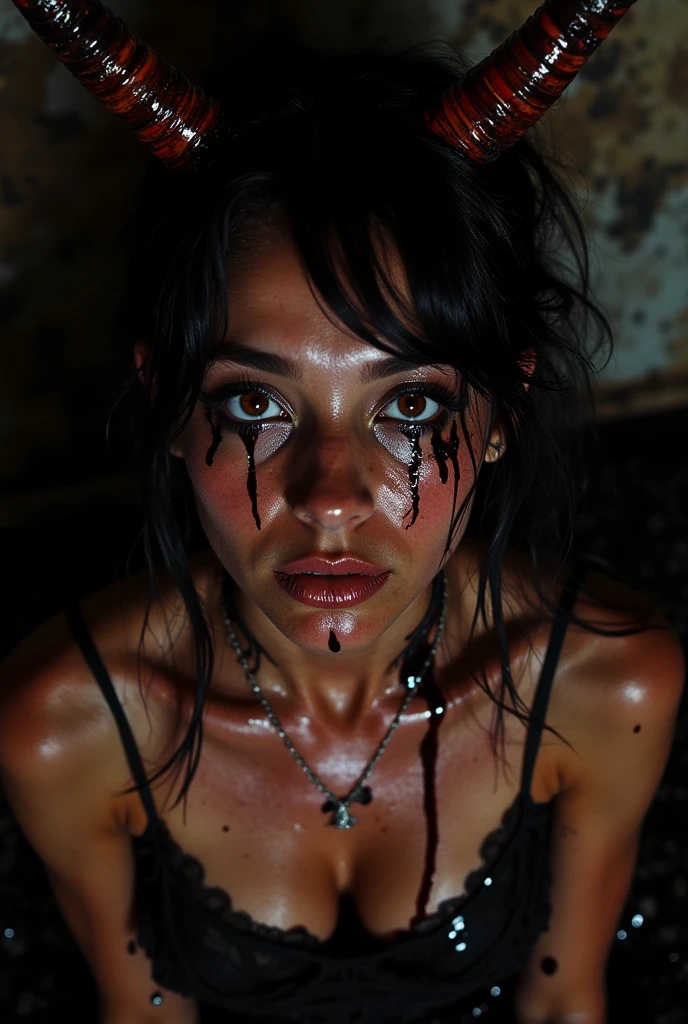 demon girl, glossy, top view, tanned skin, slime, black goo, viscous, manga style, mysterious, red_eyes, perfect face, messy hair, natural skin, soft impressionist perfect composition, big reflective eyes, dramatic, insanely detailed, 4k resolution, cinematic, dramatic atmosphere, volumetric lighting, cinematic lighting, studio quality(full length, wide angle, centered , without trimming) - ar 9:16 - ar 1:2