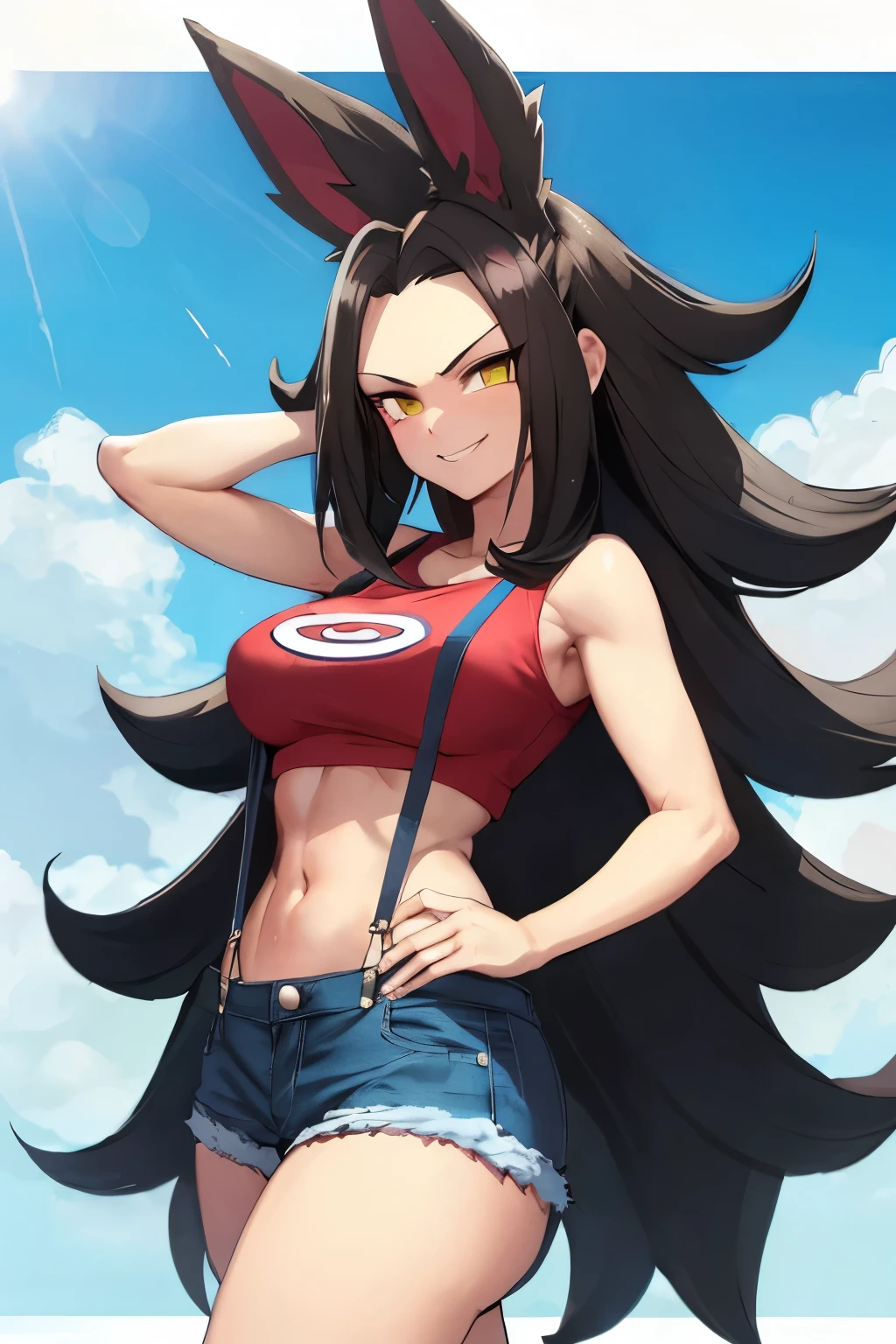 Super Saiyan 4 Caulifla, 1girl, long black hair, body fur, red fur, smirk, flexing,  misty (pokemon:1.10) (cosplay:1.10), yellow crop top, suspenders, denim shorts cloud, sky, outdoors, sunset, large cloud, colorful cloud, cloudy sky, colorful sky, blue sky, sunlight, score 9, score 8 up, score 7 up, score 6 up, score 5 up, score 4 up, BREAK,