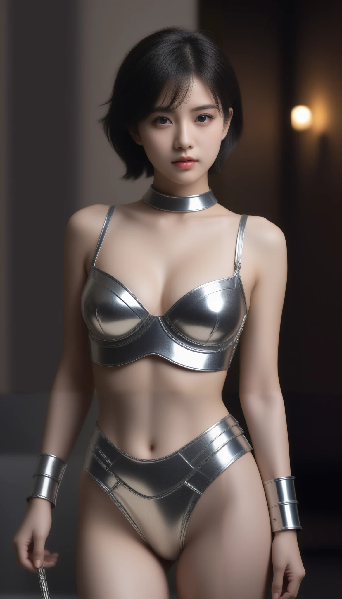8k, ultra high resolution, best quality, masterpiece, 三分割法によるphotograph, surreal,photograph, one woman,( girl:1.3),cute,cute顔, 細部まで beautiful eyes, 細かく Detailsに,masterpiece,一人の girl:1.2, comet ,Gladiator,cowboy shot,smile,Black short hair,Messy hair,ID photo,future, brutal cyberpunk woman ,Luxurious and gorgeous,Ancient Rome,Coliseum,((silver armor & :1.5)), fancy fashion,Lavish Decoration,(BDSM Mistress),(Cute girl),(Upper class lady:1.5),Expressions of despair,Dark and atmospheric lighting,delicate details, Detailsな顔,anger, charming eyes,(ポートレートphotograph:1.4),( Photorealistic images with attention to detail of hands :1.4), Fantasy Art ,( beautiful face:1.4),美しく charming eyes、 beautiful eyes,Silver Remaining,( Tight waist :1.4)、( beautiful with perfect body proportions:1.4), pink lips,profile,((( ideal body shape))),A cup small bust :2,、Portraiture:2、 perfect anatomy、鮮明な Details、 Details,Thin lips,完璧で beautiful face ,完璧でcute顔, Skin with attention to detail, Perfect limbs、 thin waist, surreal,Light and Shadow, fashion magazine cover,spotlight