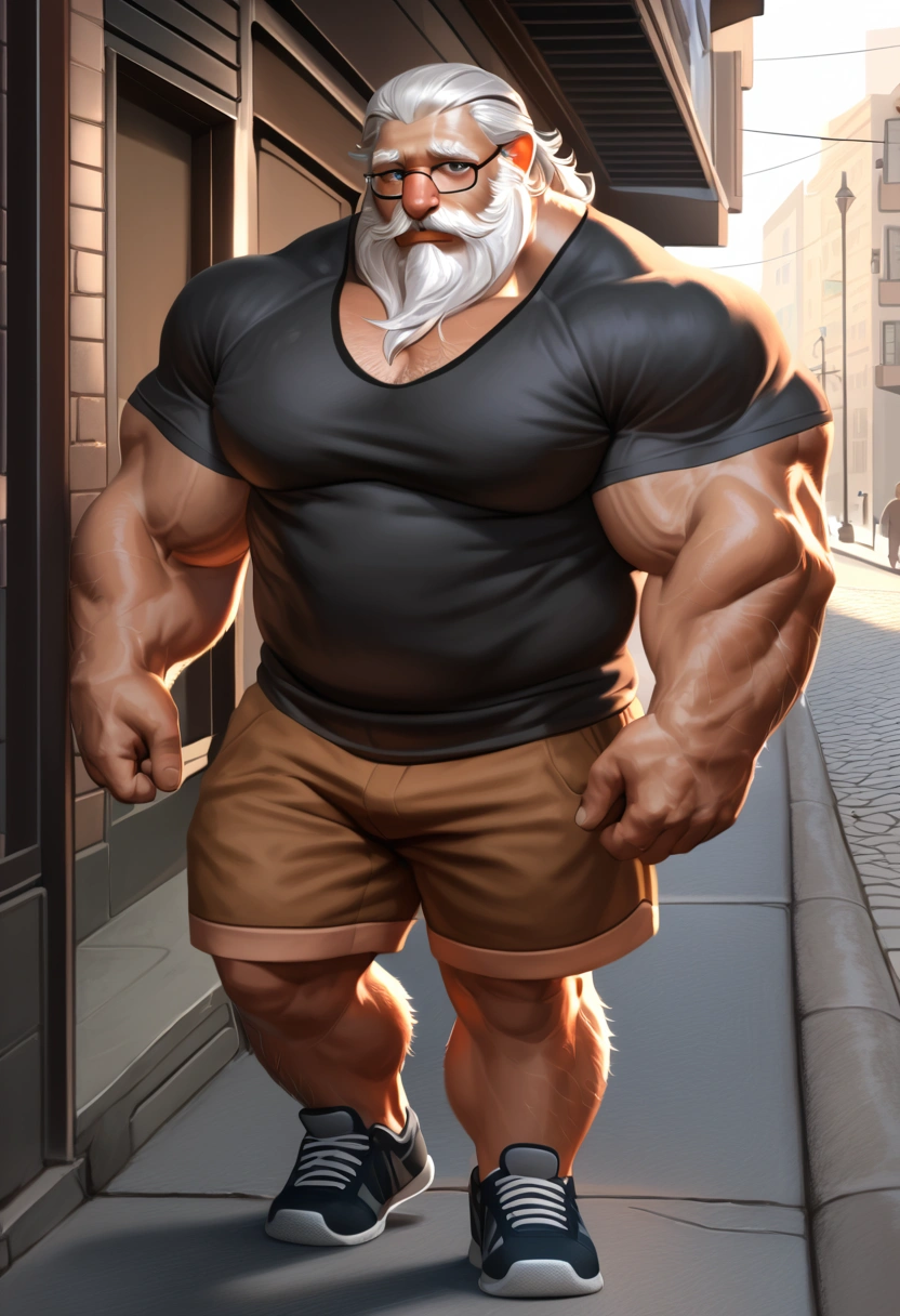 chubby old man in street city, old man, thick arm, huge arm, bearded. white hair and beard, bearded, muscular, pectoral, wide pectoral, realistic, 8k, masterpiece, (wearing shorts and shirtless:1.3, topless, shoes)