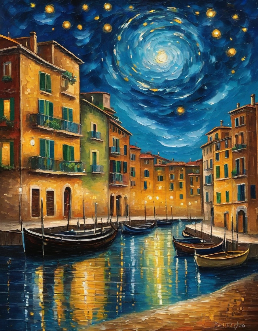 A night city with twinkling stars facing the Mediterranean sea in Italy. The glittering cityscape is reflected like a mirror in the calm sea with no waves around the coastline. Painted using impressionist painting techniques. The beautiful scenery is reminiscent of Impressionist painter Van Gogh's "Starry Night over the Rhône". Everything from the use of color to the touch of the painting is artistic and a masterpiece. Ultra high resolution. 8k.