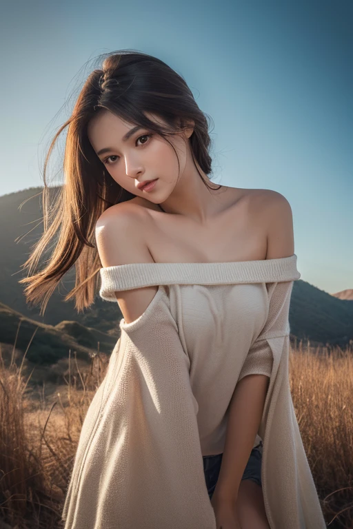 (RAW style, masterpiece, best quality, very detailed), (Italian woman), big bust, beautiful night, cheerful and happy, clear sky, analog style, (skin texture, film grain), cinematic light, side lights, Ultra-high resolution, small face, 축 처진 아주 big bust, dawn, (stable), (straw), (rice straw), (Covered with a large blanket and sitting with legs spread), (glowing skin, skin glow),