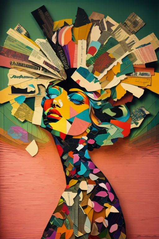  close-up of a woman with a large headpiece made from a magazine, magazine Collage Art, paper Collage Art, Paper Collage,  contemporary artistic collage , maximalist magazine Collage Art, Collage Art, magazine collage , colourful magazine collage , magazine collage  style, Collage Artwork, contemporary collage, cut-out Paper Collage, paper cut out Collage Artwork, 