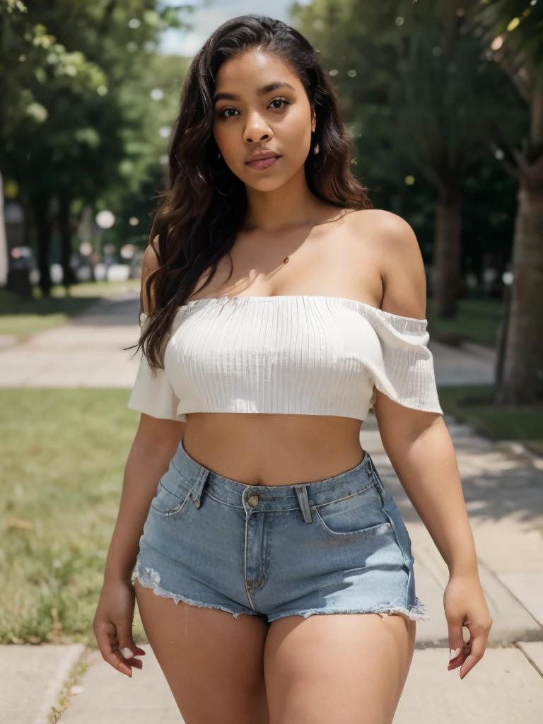 A woman in a white top and denim shorts is walking down the street ...