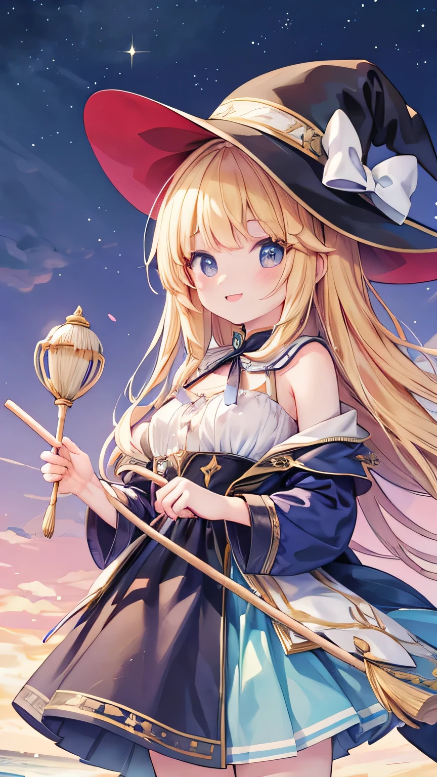 Two pretty girls in wizards,Holding a broom,smile,European style background ,summer, as in the picture , bright