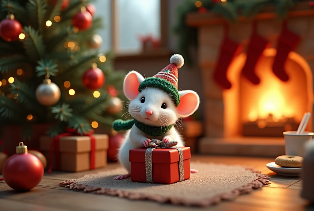  A realistic little white mouse with a Christmas hat on her head a green scarf around her neck she is putting a small Christmas present the gift is wrapped in a small Christmas present the gift is wrapped in shiny red paper surrounded by a shiny silver ribbon also forming a big knot above the package she places it at the foot of a Christmas tree. Devant le sapin se trouve déjà quelques paquets. We can also see in the corner a fireplace on which she is hanging you a few pairs of socks that you put on for Christmas . Dans un autre coin une petite table avec des chaises sur la table se trouve un petit plateau avec des biscuits secs et un verre de lait