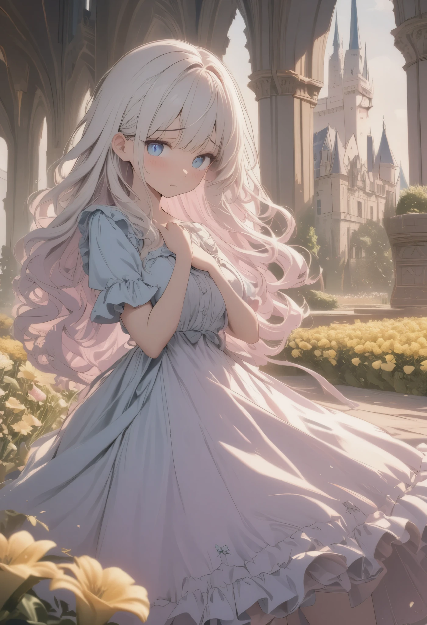 masterpiece, best quality, 8k, highres, ultra-detailed,  HDR, UHD, studio lighting, extreme detail description, professional,pastel,
Low Fidelity (lofi) art style,
pastel pink and purple tones,illustration,1girl, long wavy hair, white hair, blue eyes, shy expression, frilled dress, light blue dress, bow on dress, ruffles, detailed hands, looking at viewer, sunny day, European architecture, castle-like buildings, flower garden, yellow flowers, soft lighting, gentle breeze, serene atmosphere
