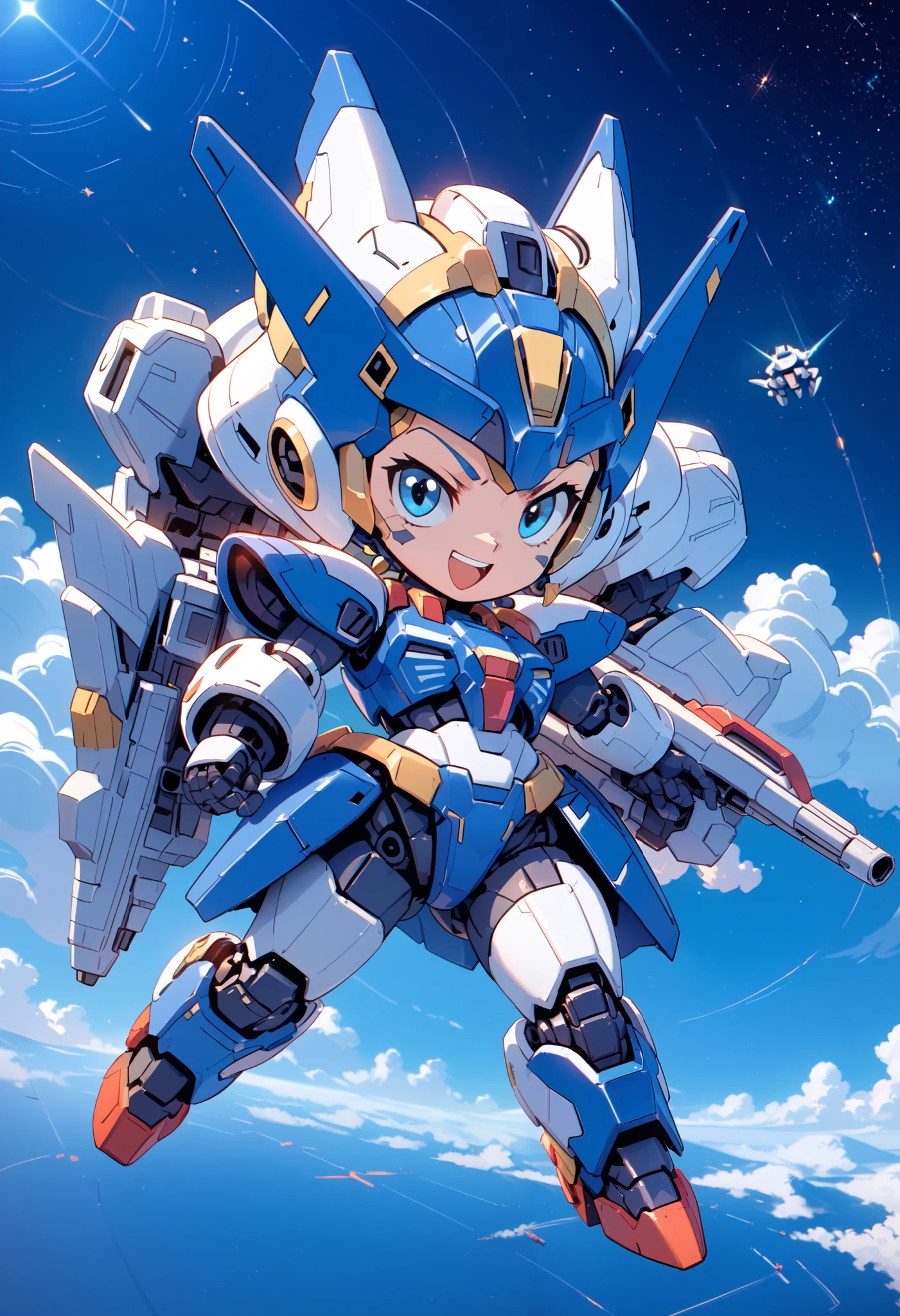 ((masterpiece)), accurate, textured skin, ((super detail)), high quality, high details, highres, best quality, chibi, Gundam, robots, deformed characters, space, star wars, Metallic blue armor, Beam rifle, Heavy Armor, girl, 