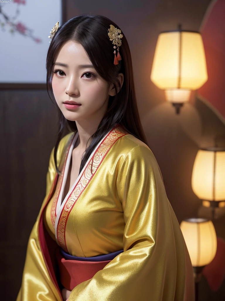 A beautiful girl in ancient China，The facial features are delicate and fair，Cool temperament，Black hair coiled into a bun，Wears a gold coat on his head，Chinese Song Dynasty clothing，Big red wedding dress（Ultrathin），underwear is visible，thighs visible，Long black hair, rays of sunshine，Clear face，Thick legs，Natural styling，Reallightandshadow，Large viewing angle，ultraclear，tmasterpiece，ultra - detailed，high qulity，HighestQuali，The main color is red，Background simple elements。Invisible hands，No hands。