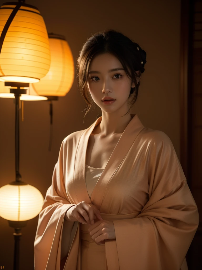 ((Best quality, 8K, Masterpiece :1.3)), Sharp focus :1.2,Little girl in a monk's robe,Light orange and dark brown tones,original style,high saturated,solid color backdrop,frontage,Look to the lens,orthofacial