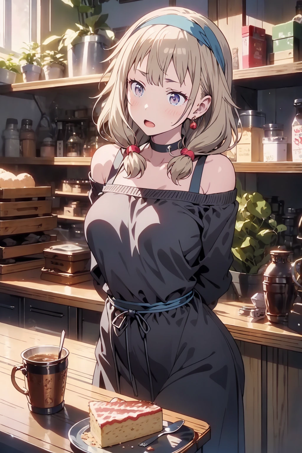 (small :1.2), (perky chest:1.1), (pointed chest:1.0), (hand gun magazine cover:1.3),(from below:1.2),(from side:0.9),masterpiece, 1girl, Amazing Cleavaghin waist, big ass, Raised sexsmall breast.2, posed cl:1.2、solo, open mou a cute graof cute beergrass,black hair, dark green eyes, dress, bare shoulders, jewelry, collarbone, sidelocks, hairband, earrings, indoors, off shoulder, sweater, arms behind back, plant, short hair with long locks, gild hairband, sweater dress:1.2, off-shoulder sweater, red sweater, dark gord hair, big side hair, very long side hair,is rendered in (masterpiece: 1.2, best quality), with (ultra high resolution) and an exquisite (depth of field). This masterpiece is not only visually stunning but also tells,A scene of cooking in the kitchen by classroom ,looking at viewer,