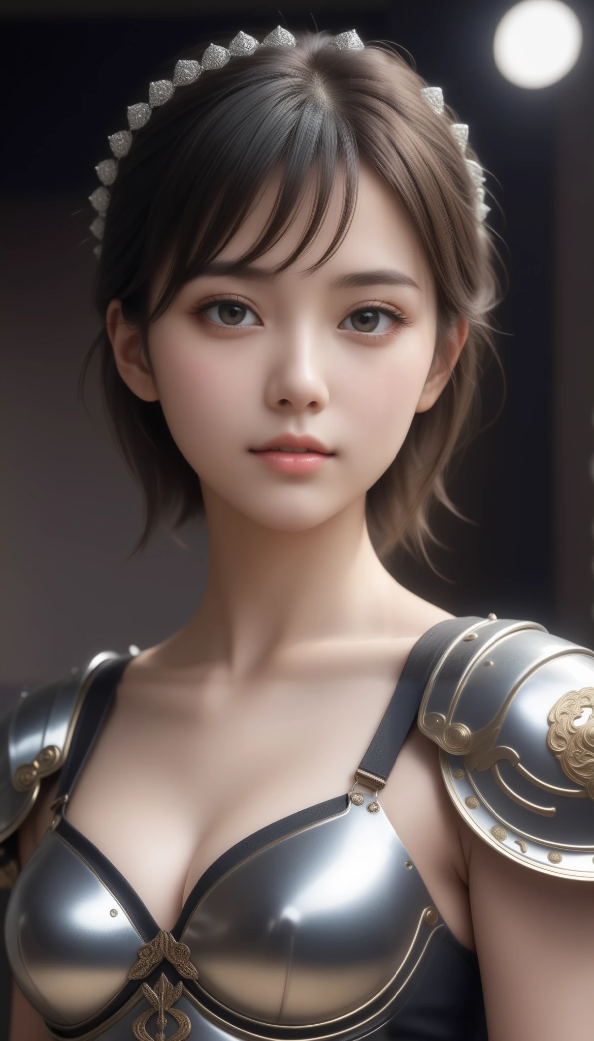 masterpiece、highest quality、High resolution、wallpaper、realistic、bright lighting、professional lighting、face light、smooth lighting、japanese woman、adult woman、Beautiful woman、actress、modeled、gravure、sexy、super beautiful、beautiful skin、beautiful and detailed eyes、detailed face、slim、Medium large breasts、short hair、brunette colored hair、brown eyes、look at the camera、armor、knight、